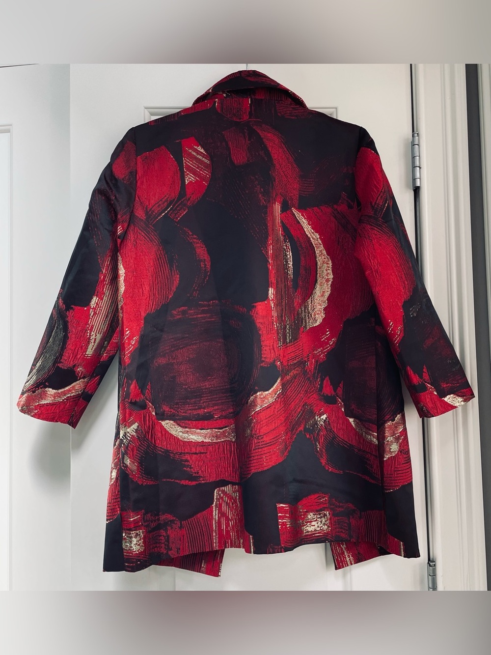 NWT Ming Wang Red Black Gold Brushstroke Jacquard Ruffle Collar Jacket Small - Picture 9 of 14